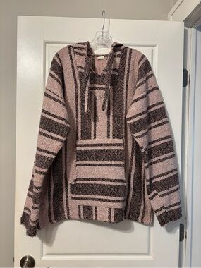 Vintage Mexican Baja Hoodie Pullover in Pink and Brown size Large